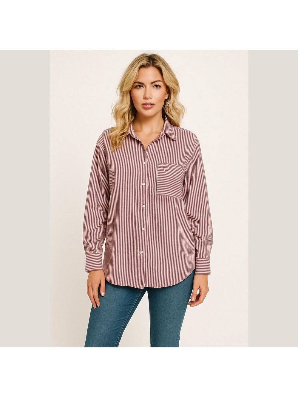 LOFT Women's Striped Button Down Shirt - Burgundy and White